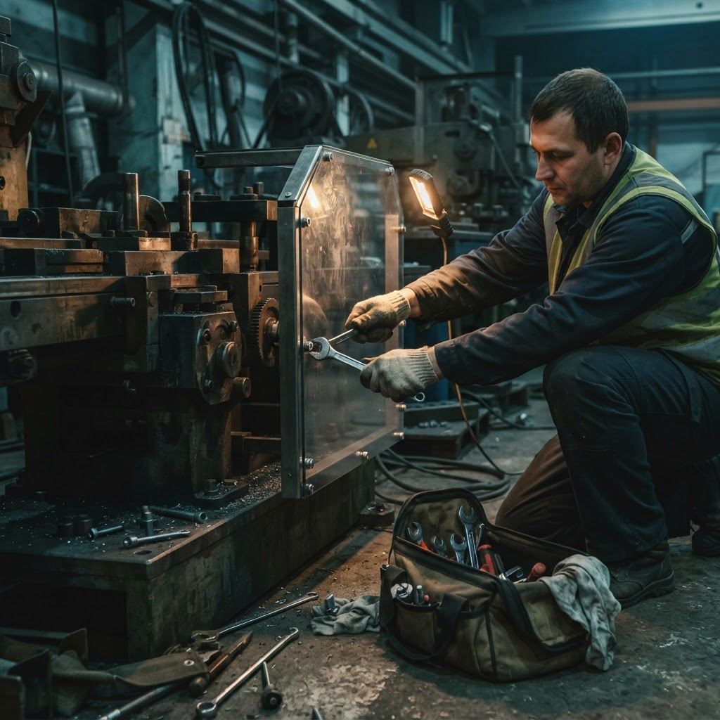 Maintenance worker installing a new machine safety guard