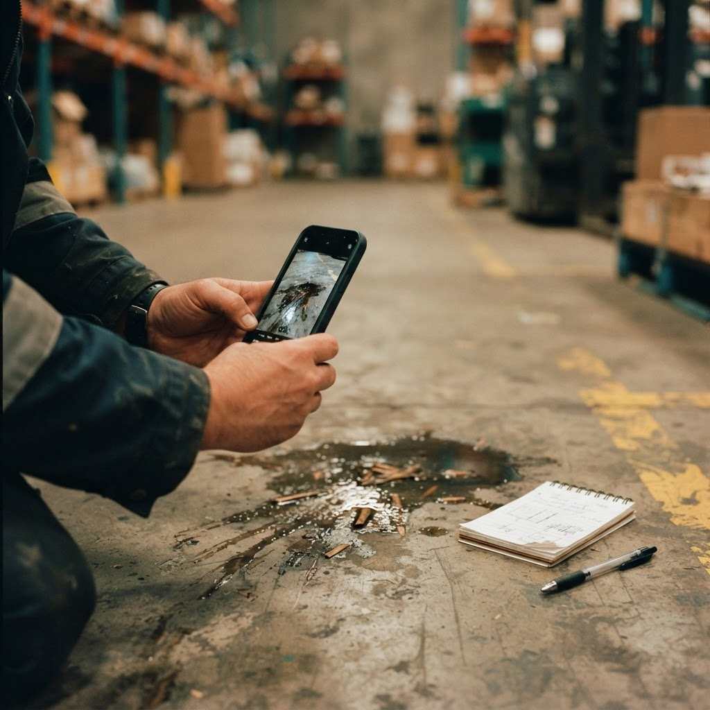 Hands photographing a hazard on a warehouse floor with a phone and notepad nearby