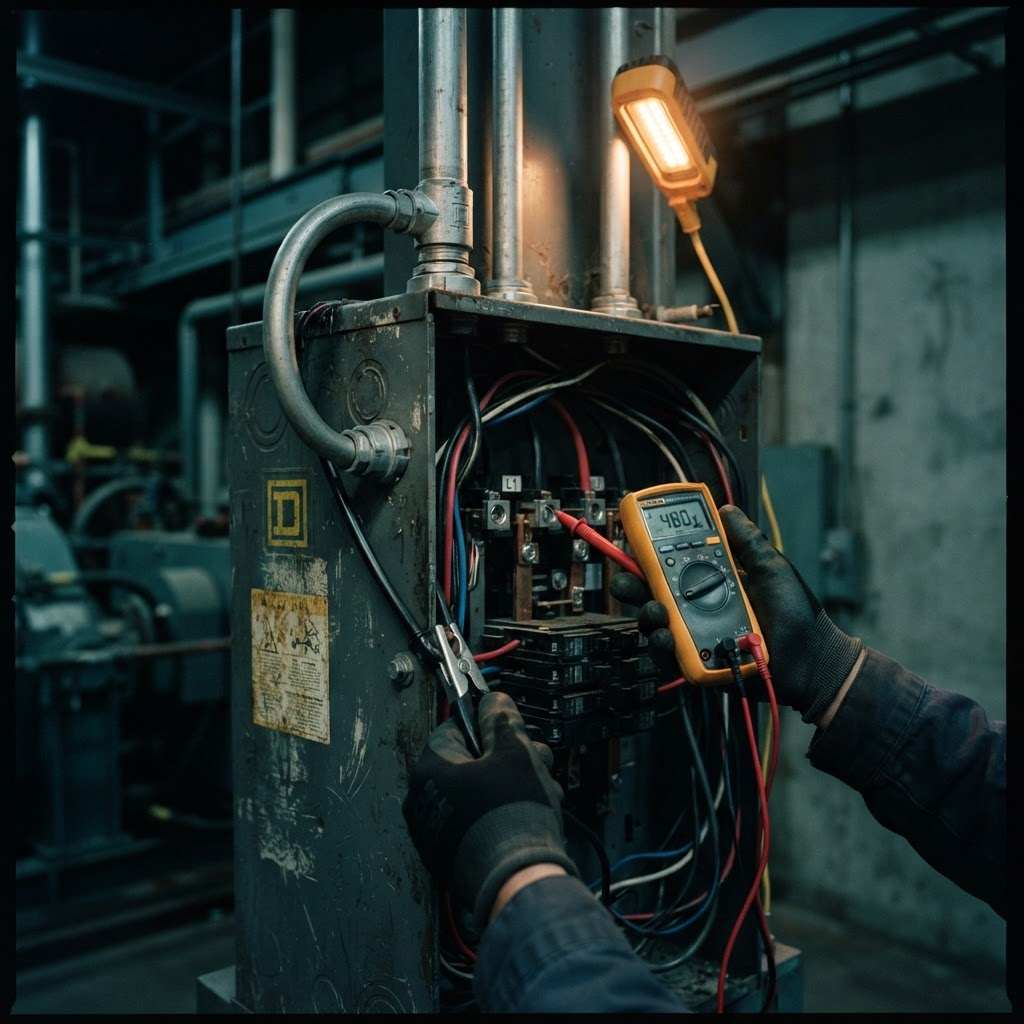 Electrical panel and multimeter being tested during a hazard inspection