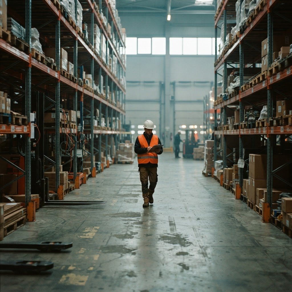 Supervisor in a hard hat and safety vest walking a warehouse aisle during a facility audit