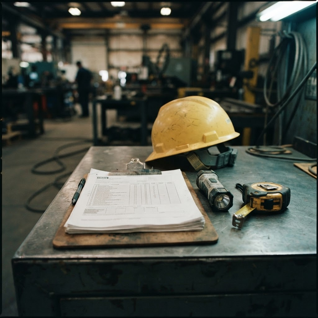 Clipboard, flashlight, tape measure, and hard hat laid out before a facility walk