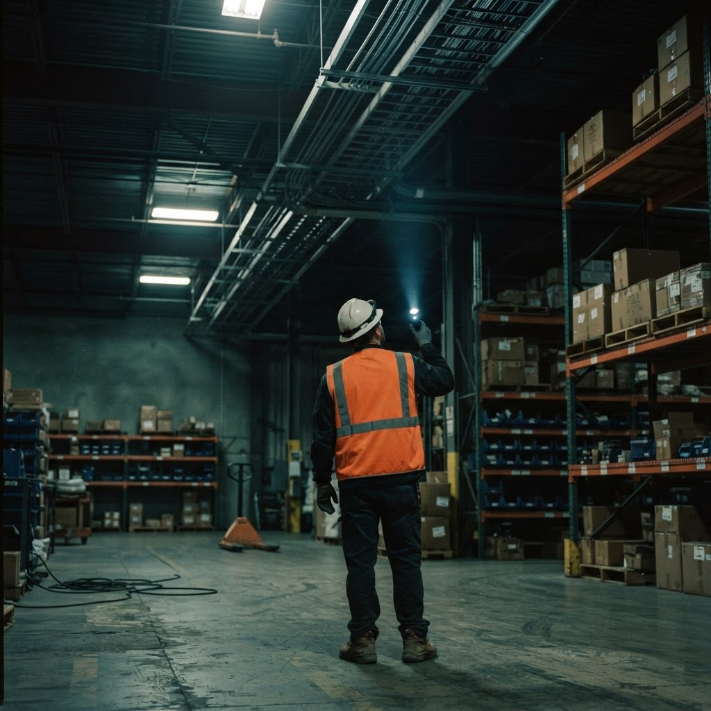 Auditor inspecting overhead conduit and ceiling storage with a flashlight